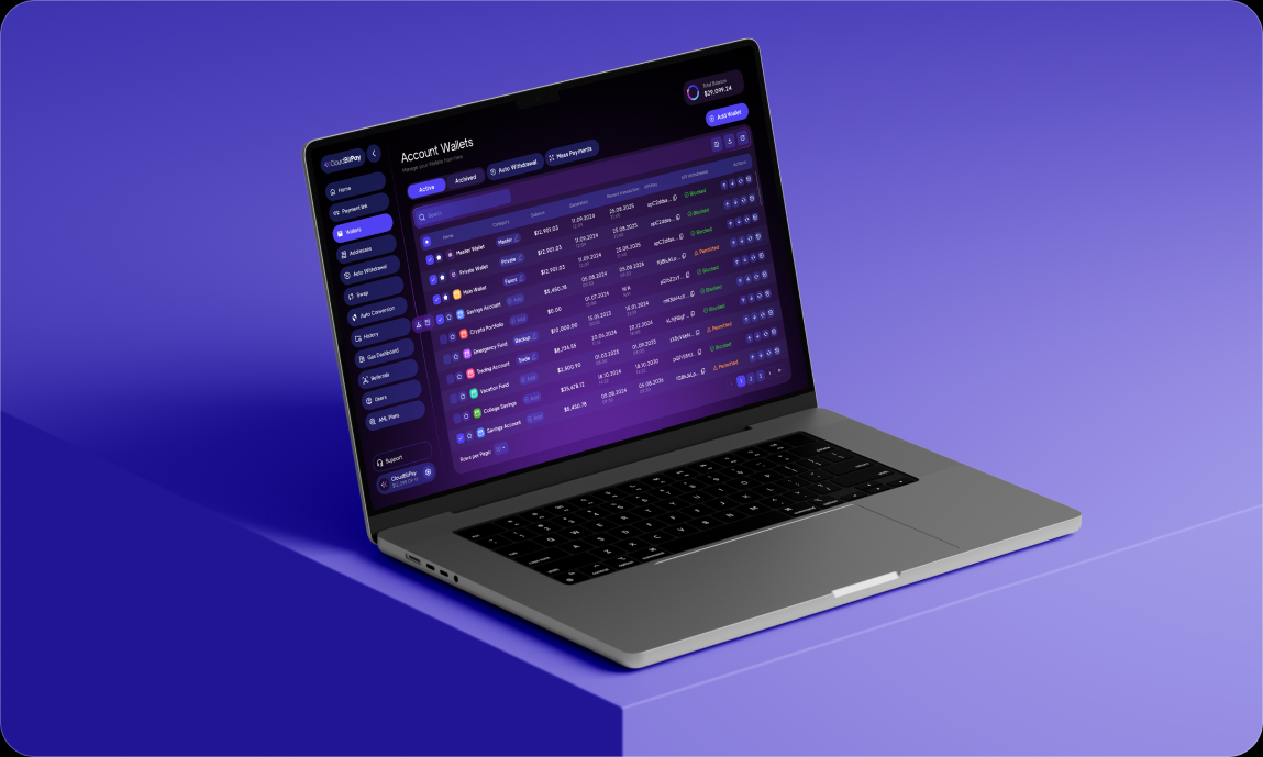 CloudBitPay dashboard on a MacBook Pro